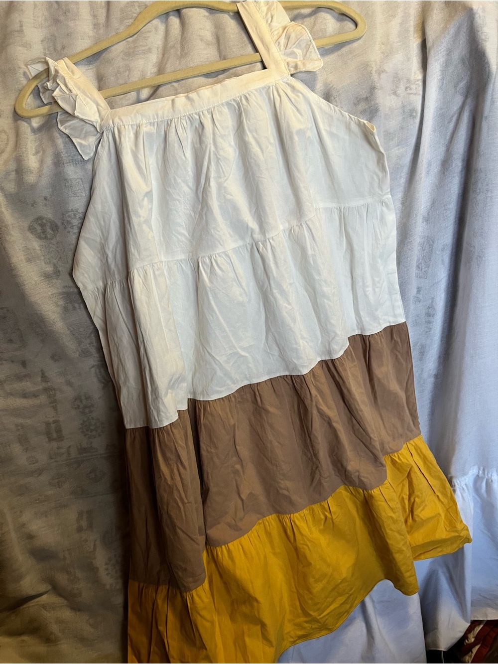 Women's Tiered Midi Dress in White, Brown & Mustard PTP is 20”
